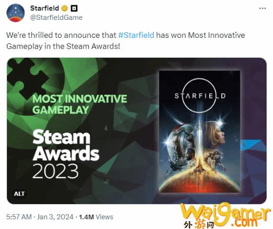 《星空》官推庆祝获Steam奖项遭嘲讽：加载是创新