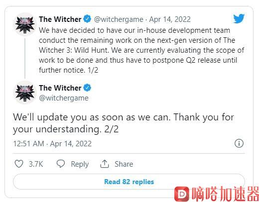 《巫师3》次世代版再次推迟 转由CDPR内部开发